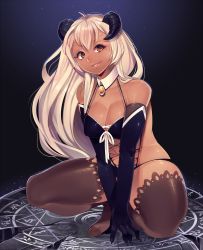 1girl bare_shoulders black_gloves blonde_hair breasts brown_eyes cleavage dark-skinned_female dark_skin demon_girl demon_horns detached_collar elbow_gloves feet frilled_thighhighs front-tie_top gloves highres horns large_breasts lips long_hair loyproject magic_circle md5_mismatch mole no_shoes original revealing_clothes see-through see-through_legwear smile solo squatting thighhighs v_arms rating:Sensitive score:107 user:danbooru