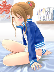  1girl bed blue_jacket blush brown_eyes brown_hair censored flat_chest food-themed_hair_ornament hair_bun hair_ornament highres jacket loli long_sleeves panties peeing peeing_self poster_(medium) puddle shirt single_hair_bun sitting solo strawberry_hair_ornament thighs toy underwear wet wet_clothes wet_panties white_panties white_shirt yuu_(monotone) 