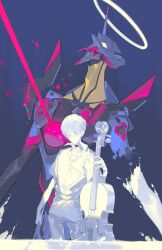  1boy 1other absurdres bow_(music) cello chinese_commentary choker collarbone collared_shirt commentary cowboy_shot disintegration eva_02 evangelion_(mecha) halo highres holding holding_bow_(music) holding_instrument ikari_shinji instrument looking_to_the_side male_focus mecha neon_genesis_evangelion paint_splatter pants robot severed_arm severed_limb shirt short_hair stringed_instrument undershirt xe367 