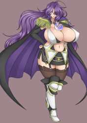  1girl boots breasts cloak curvy elbow_gloves female_focus garter_straps gloves high_heels highres huge_breasts jewelry long_hair mature_female miniskirt navel necklace nipples original otogi_tetsurou puffy_nipples purple_hair shoes simple_background skirt solo standing thighhighs thighs  rating:Questionable score:70 user:Xander