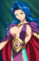  1girl ahoge blue_eyes blue_hair breasts breath_of_fire breath_of_fire_i capcom cape center_opening deis ichijiku large_breasts long_hair looking_at_viewer monster_girl solo 