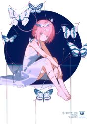  1girl barefoot blue_butterfly blue_eyes braid bug butterfly dress earrings feet full_body glint hair_over_shoulder highres insect jewelry kaf_(kamitsubaki_studio) kamitsubaki_studio knees_apart_feet_together knees_up legs long_hair looking_at_viewer low-tied_long_hair multiple_bracelets nail_polish pink_hair pink_nails revision ring ringed_eyes ryuuforkaf side_braid sidelocks sleeveless sleeveless_dress solo toe_ring toenail_polish toenails toes white_dress yellow_pupils 
