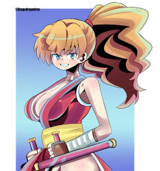  1girl artist_name blonde_hair breasts brown_eyes capcom cleavage clenched_hands curvy dragodragodran final_fight genryuusai_maki grin high_ponytail highres holding holding_weapon long_hair looking_at_viewer medium_breasts ninja pelvic_curtain ponytail smile solo street_fighter street_fighter_zero_(series) tonfa twitter_username weapon wide_hips 