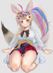 1girl absurdres ahoge animal_ears blonde_hair blush bow bowtie breasts clothes_around_waist club_hair_ornament decora diagonal-striped_bow diagonal-striped_bowtie diagonal-striped_clothes fox_ears fox_girl fox_tail gyaru hair_bow hair_ornament highres hololive jing_(0155498) long_hair looking_at_viewer multicolored_bowtie multicolored_hair multicolored_nails multiple_hair_bows multiple_hairpins official_alternate_costume official_alternate_hair_length official_alternate_hairstyle omaru_polka omaru_polka_(school_uniform) pink_hair playing_card_theme purple_eyes shirt sitting skirt smile solo streaked_hair striped_clothes sweater sweater_around_waist tail thighhighs too_many_hairclips virtual_youtuber wariza 