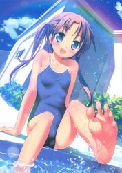 1girl :d absurdres barefoot black_hair blue_eyes blue_one-piece_swimsuit blush cloud competition_school_swimsuit day dutch_angle feet foot_focus foreshortening highres one-piece_swimsuit open_mouth original pool poolside rainbow scan school_swimsuit sitting sky smile soaking_feet soles solo splashing swimsuit takoyaki_(roast) toes twintails water wet rating:Sensitive score:26 user:danbooru
