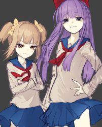  10s 2girls :3 absurdres blue_eyes brown_eyes brown_hair crossed_arms hair_ribbon hand_on_own_hip height_difference highres long_hair multiple_girls neck_ribbon pipimi poptepipic popuko purple_eyes purple_hair ribbon riuichi sailor_collar school_uniform skirt smile smirk twintails  rating:Sensitive score:7 user:danbooru