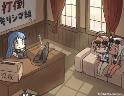 3girls ahoge barefoot blue_eyes blue_hair box cardboard_box cellphone commentary_request computer couch crop_top curtains dated desk eighth_note elbow_gloves eyewear_on_head flower gloves hair_between_eyes hair_flower hair_ornament hamu_koutarou i-58_(kancolle) indoors kantai_collection laptop light_brown_hair meta mouse_(computer) multiple_girls musical_note neckerchief office on_couch phone red_eyes ro-500_(kancolle) sailor_collar samidare_(kancolle) school_swimsuit school_uniform serafuku shirt short_hair sitting sleeveless sleeveless_shirt slippers smartphone smile sunglasses swept_bangs swimsuit swimsuit_under_clothes tan white_hair window rating:Sensitive score:0 user:danbooru