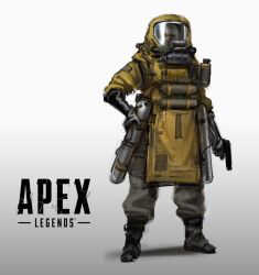  1boy absurdres apex_legends bald black_eyes black_gloves black_pants cable caustic_(apex_legends) commentary concept_art copyright_name english_commentary full_body gloves grey_background gun handgun hazmat_suit highres holding holding_gun holding_weapon logo looking_at_viewer male_focus pants prog_(progwwww) prototype_design shadow solo weapon 