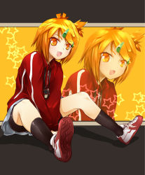  1girl akita_neru alternate_hairstyle bike_shorts black_legwear blonde_hair hair_ornament hairclip highres magu_(mugsfc) open_mouth project_diva_(series) project_diva_extend shoes short_hair sitting skirt smile sneakers star_(symbol) stopwatch track_suit vocaloid watch yellow_eyes zoom_layer  rating:Sensitive score:11 user:danbooru