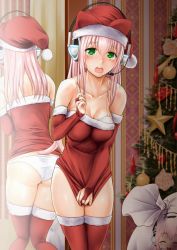 2girls ^_^ animal_ears ass bare_shoulders blush bra bra_peek breasts bridal_gauntlets cat_ears cat_tail christmas christmas_ornaments christmas_tree cleavage closed_eyes collarbone covering_privates covering_crotch elbow_gloves embarrassed eyebrows fur-trimmed_legwear fur_trim ganari_ryuu gloves green_eyes hair_between_eyes hat headphones headset highres impossible_clothes impossible_shirt indoors large_breasts legs_together lingerie long_hair looking_at_viewer mirror multiple_girls no_pants open_mouth original panties pantyshot pantyshot_through_reflection pink_hair pom_pom_(clothes) red_gloves red_legwear red_shirt reflection sack santa_costume santa_hat shirt shirt_tug size_difference solo_focus star_(symbol) strapless super_tama_musume tail tamatoys thighhighs thighs tube_top underwear wallpaper_(object) white_bra white_panties rating:Sensitive score:37 user:danbooru