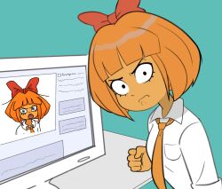  1girl 4chan absurdres apopfonz bob_cut bow clenched_hand collared_shirt fake_website freckles hair_bow highres looking_at_viewer medium_hair monitor mymy_schoppenboer necktie ongezellig orange_hair orange_necktie red_bow shirt solo soyjak white_shirt  rating:General score:22 user:danbooru