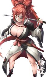  1girl absurdres amputee arc_system_works arm_cannon baiken bandages breasts cleavage cleavage_cutout clothing_cutout collarbone eyepatch facial_mark forehead_mark guilty_gear guilty_gear_strive highres huge_breasts japanese_clothes katana kimono large_breasts long_hair metadata:absurdres metadata:highres open_clothes open_kimono ponytail red_eyes red_hair rope scar scar_across_eye scar_on_face sheath sheathed solo souma_(so_u_maaaaa) sword teeth thighs weapon wide_sleeves  rating:Sensitive score:19 user:UberLewdFuta
