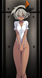 1girl bare_legs bea_(pokemon) black_bow black_hairband blue_eyes blush bottomless bow bow_hairband breasts cleavage closed_mouth collarbone covering_crotch covering_privates creatures_(company) crying crying_with_eyes_open dark-skinned_female dark_skin frown game_freak groin hair_between_eyes hair_bow hairband highres looking_at_viewer medium_breasts medium_hair nintendo pokemon pokemon_swsh shirt shirt_tug short_sleeves silver_hair solo standing sweatdrop tears tsukishiro_saika white_shirt rating:Questionable score:51 user:danbooru