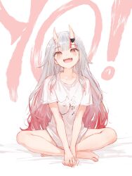  1girl :d absurdres barefoot blush commentary feet full_body grey_hair highres hololive horns hyde_(tabakko) indian_style long_hair looking_at_viewer multicolored_hair nakiri_ayame open_mouth red_eyes red_hair shirt sitting smile solo streaked_hair virtual_youtuber white_background white_shirt 