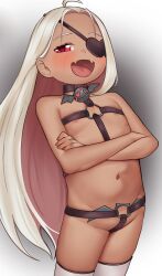 1girl absurdres ahoge areola_slip black_choker blush choker cowboy_shot cross-shaped_pupils crossed_arms crybabyglo dark-skinned_female dark_skin eyepatch fang fangs female_focus flat_chest gradient_background groin highres huge_filesize lingerie loli long_hair navel o-ring o-ring_bottom open_mouth original red_eyes revealing_clothes simple_background smile solo standing symbol-shaped_pupils thighhighs thighs underwear white_hair white_thighhighs  rating:Explicit score:99 user:GreatAlpha