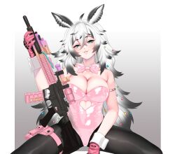 absurdres ahoge animal_ears arm_strap assault_rifle belt black_hair black_pantyhose blue_eyes bow bowtie breasts clothing_cutout collar colored_tips detached_collar gloves grey_hair gun hair_between_eyes hair_ornament highres holding holding_gun holding_weapon indie_virtual_youtuber large_breasts leotard long_hair m4_carbine m4_sopmod_ii mr_bowater multicolored_hair pantyhose pink_belt pink_bow pink_bowtie pink_gloves pink_leotard playboy_bunny pouch rifle sea_slug_girl spread_legs stomach_cutout strapless strapless_leotard thigh_belt thigh_pouch thigh_strap umi_runa_(vtuber) virtual_youtuber weapon white_collar white_wrist_cuffs wrist_cuffs