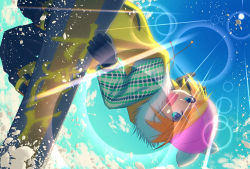  1girl acrobatics baggy_pants beanie black_pants blonde_hair blue_hair blue_sky bow coat day dutch_angle from_below fur fur_trim gloves hat hat_bow highres jacket jumping kagamine_rin leaning_back lens_flare light_rays looking_at_viewer outstretched_arm pants polka_dot shinku_pack sky snow snow_boots snowboard snowboarding solo sun sunbeam sunlight vocaloid winter_clothes winter_coat yellow_jacket 
