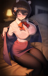  1girl absurdres animal_ear_fluff animal_ears bed black_hair black_pantyhose blue_archive blue_eyes blurry blurry_background blush bow bowtie bra bra_visible_through_clothes breasts collared_shirt hair_ornament highres korean_commentary large_breasts long_sleeves official_alternate_costume on_bed one_eye_closed pantyhose pencil_skirt purple_skirt raccoon_ears raccoon_girl red_bow red_bowtie sb_(dlwnsrl1783) shirt short_hair sitting skirt solo thighs tsubaki_(blue_archive) tsubaki_(guide)_(blue_archive) underwear white_shirt 