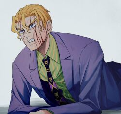  1boy blonde_hair blood blood_on_face bruise bruise_on_face clenched_teeth commentary_request diamond_wa_kudakenai formal highres injury jacket jojo_no_kimyou_na_bouken kira_yoshikage lying male_focus necktie on_stomach purple_eyes purple_jacket purple_suit shirt solo striped_clothes striped_shirt suit takumi1230g teeth upper_body 