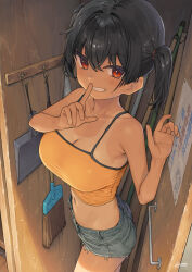  1girl armpit_crease bare_arms bare_shoulders black_hair breasts broom buttons camisole cleavage collarbone commentary_request crop_top denim denim_shorts dustpan finger_to_mouth gaki_kyonyuu grey_shorts grin hair_between_eyes hair_tie hands_up highres kaedeko_(kaedelic) large_breasts looking_at_viewer mesugaki midriff navel one-piece_tan oppai_loli pocket red_eyes sasaki_kanna_(kaedeko) short_shorts short_twintails shorts shushing signature smile solo spaghetti_strap standing tan tanline torn_clothes torn_shorts twintails yellow_camisole 