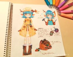  1girl animal_ear_fluff animal_ears antlers arrow_(symbol) art_tools_in_frame backpack bad_id bad_twitter_id bag ballpoint_pen_(medium) blue_hair blue_overalls boots bright_pupils brown_footwear brown_gloves brown_horns buttons cabbie_hat character_sheet charm_(object) commentary_request cross-laced_footwear dot_mouth dress file_(tool) full_body fur-trimmed_boots fur_trim glasses gloves green_ribbon hammer hands_up hat highres holding holding_hammer holding_tool horn_ornament horn_ribbon horns lace-up_boots looking_at_viewer medium_hair multiple_views orange-framed_eyewear orange_dress orange_eyes orange_ribbon orange_shirt original overalls parted_lips photo_(medium) piyoko9494 pocket ribbon round_eyewear sack shirt standing straight-on traditional_media translation_request triangle_mouth twitter_username watermark white_pupils yellow_headwear 