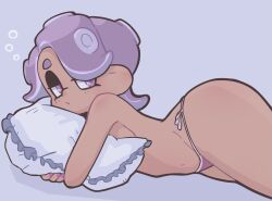  1girl :t breasts closed_mouth commentary_request cowboy_shot dark-skinned_female dark_skin groin half-closed_eyes hekoningyou_(waraningyou) highres hugging_object long_hair lying navel nintendo octoling octoling_girl octoling_player_character panties parted_bangs pillow pillow_hug pout purple_background purple_eyes purple_hair purple_nails purple_panties side-tie_panties sleepy solo splatoon_(series) squeans stomach suction_cups tentacle_hair thick_eyebrows topless underwear 