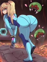  1girl ass blonde_hair blue_eyes blush bodysuit breasts cameltoe from_behind gloves gun hanging_breasts highres huge_ass kobi_oh large_breasts leaning leaning_forward long_hair looking_back metroid nintendo ponytail samus_aran shiny_clothes skin_tight weapon zero_suit  rating:Questionable score:47 user:armorcrystal