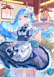  1girl absurdres apron aqua_hair cup faruzan_(cafe)_(genshin_impact) faruzan_(genshin_impact) floating_hair frilled_skirt frills genshin_impact hair_ornament hand_on_own_hip highres indoors long_hair looking_at_viewer maid maid_apron maid_headdress official_alternate_costume one_eye_closed parted_lips shirt short_sleeves skirt symbol-shaped_pupils teacup teapot thighhighs tray triangle-shaped_pupils twintails viclim-monou white_apron white_shirt white_thighhighs x_hair_ornament zettai_ryouiki 
