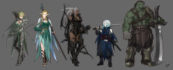  2boys 3girls absurdres arm_tattoo armor arrow_(projectile) bandaged_hand bandages belt belt_buckle blonde_hair blue_hair bow_(weapon) breasts bridal_gauntlets buckle celewen cleavage collarbone colored_skin commentary dagger dark-skinned_female dark_elf dark_skin dinelind_(drill_(emilio)) dress drill_(emilio) dual_wielding earrings elf eyes_visible_through_hair fingerless_gloves forehead_tattoo full_body gloves green_eyes green_hair green_skin grey_background grey_hair height_difference high_heels highres holding holding_bow_(weapon) holding_dagger holding_knife holding_staff holding_sword holding_weapon huge_weapon jewelry katana knife leg_tattoo long_hair long_pointy_ears looking_at_viewer medium_breasts multiple_boys multiple_girls muscular muscular_female muscular_male navel neytharone_(drill_(emilio)) orc original pointy_ears ponytail red_eyes sandals sheath sheathed short_hair simple_background spiked_armor staff standing sword tattoo tusks weapon yellow_eyes 