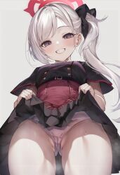  1girl absurdres black_dress blue_archive blush breasts buttons clothes_lift double-breasted dress female_focus from_below gluteal_fold grey_hair grin hair_ornament hair_scrunchie halo highres long_hair looking_at_viewer mesugaki mutsuki_(blue_archive) panties pink_panties purple_eyes scrunchie short_sleeves side_ponytail skirt skirt_lift small_breasts smile solo suujiniku thighs underwear upskirt  rating:Questionable score:165 user:danbooru