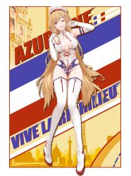  1girl ;d absurdres alternate_costume azur_lane bare_shoulders blonde_hair boots breasts cleavage copyright_name dishwasher1910 full_body hair_ornament hands_up hat highres large_breasts long_hair looking_at_viewer navel one_eye_closed open_mouth purple_eyes richelieu_(azur_lane) smile solo thigh_boots thighs white_footwear white_hat 