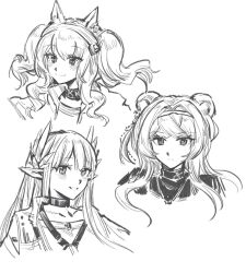  3girls angelina_(arknights) animal_ears arknights closed_mouth collar cropped_shoulders crossed_bangs elf greyscale grin hair_intakes hair_ornament hairband hatching_(texture) highres infection_monitor_(arknights) jiakongshijie566 lin_(arknights) linear_hatching long_hair looking_at_viewer monochrome muelsyse_(arknights) multiple_girls pointy_ears simple_background sketch smile split_mouth white_background 