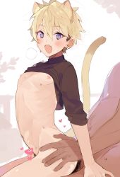  2boys anal androgynous animal_ears black_shirt blonde_hair blue_eyes blush bottomless breath brown_hair cat_boy cat_ears cat_tail censored clothes_pull dark-skinned_male dark_skin ear_piercing fang hair_between_eyes heart heart_censor highres implied_sex male_focus male_penetrated mobu_45 multicolored_hair multiple_boys nipples original piercing reverse_cowgirl_position sex sex_from_behind shirt shirt_pull shota simple_background skin_fang solo_focus straddling sweat tail torso_grab yaoi  rating:Explicit score:344 user:danbooru