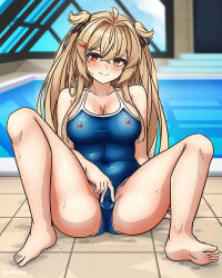  1girl arthur_ko barefoot blue_one-piece_swimsuit breasts brown_eyes cameltoe cleavage commission covered_erect_nipples covered_navel hair_flaps heterochromia highres indoors kantai_collection light_brown_hair long_hair m_legs medium_breasts murasame_(kancolle) murasame_kai_ni_(kancolle) one-piece_swimsuit pixiv_commission pool red_eyes rei_no_pool sitting solo spread_legs spread_pussy_under_clothes swimsuit two_side_up 