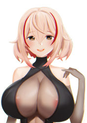  1girl absurdres alternate_costume areola_slip azur_lane bare_shoulders blonde_hair bodysuit breasts brown_gloves center_opening cleavage elbow_gloves gloves highres huge_breasts impossible_bodysuit impossible_clothes lace lace-trimmed_gloves lace_trim looking_at_viewer multicolored_hair phoenix_(lanzilong646) red_hair roon_(azur_lane) see-through_gloves simple_background sleeveless solo streaked_hair two-tone_hair upper_body white_background yellow_eyes  rating:Questionable score:38 user:danbooru