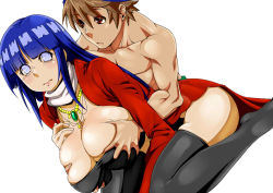  1boy 1girl black_thighhighs blue_hair breasts brown_hair cleavage grabbing grabbing_another&#039;s_breast groping hetero huge_breasts hyuuga_hinata jewelry konakona long_hair naruto naruto_(series) necklace red_eyes simple_background thighhighs  rating:Questionable score:86 user:6yut
