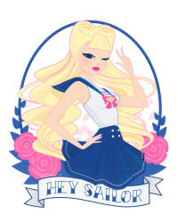  1girl adapted_costume artist_name bare_shoulders bishoujo_senshi_sailor_moon blonde_hair blue_eyes blue_sailor_collar blue_skirt blush bow bowtie breasts closed_mouth earrings english_text female_focus flower hand_on_own_hip hand_up happy heart highres jewelry littlepaperforest long_hair looking_at_viewer miniskirt one_eye_closed pink_bow pink_bowtie pink_flower pink_lips pink_rose pleated_skirt rose sailor_collar sailor_moon shirt skirt sleeveless sleeveless_shirt small_breasts smile solo tsukino_usagi twintails very_long_hair victory_rolls w watermark web_address wink 