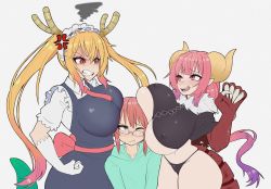 3girls absurdres angry between_breasts black_panties blonde_hair blush breasts brown_eyes claws clenched_hand clenched_teeth closed_mouth collarbone covered_erect_nipples dragon_girl dragon_horns dragon_tail elbow_gloves glasses gloves gradient_hair highres horns huge_breasts ilulu_(maidragon) kobayashi-san_chi_no_maidragon kobayashi_(maidragon) large_breasts long_hair looking_at_another maid maid_headdress multicolored_hair multiple_girls navel one_eye_closed orange_eyes panties purple_hair red_eyes red_hair sharp_teeth short_hair tail teeth tohru_(maidragon) tongue tongue_out twintails underboob underwear white_gloves young_savage yuri rating:Questionable score:81 user:tanaab1234567890