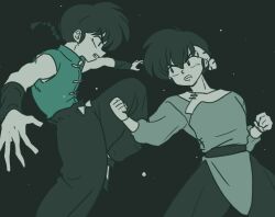  2boys belt black_belt black_footwear black_wristband braid braided_ponytail chinese_clothes clenched_teeth dotted_background fighting grimace headband hibiki_ryouga jumping monochrome multiple_boys outstretched_arms outstretched_hand pants punching ranma_1/2 saotome_ranma short_hair tangzhuang teeth wanta_(futoshi) 
