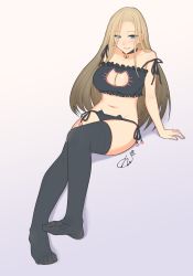  1girl bad_id bad_pixiv_id bare_shoulders bell black_bra black_panties black_thighhighs blonde_hair blue_eyes blush bra breasts cat_lingerie choker cleavage cleavage_cutout closers clothing_cutout feet full_body groin harpy_(closers) large_breasts long_hair looking_at_viewer meme_attire navel neck_bell no_shoes panties shukk777 sitting smile solo thighhighs toes underwear 