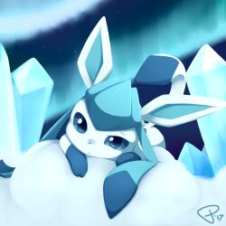 animal_focus blue_eyes blue_hair blue_sclera closed_mouth colored_sclera creatures_(company) dated game_freak gen_4_pokemon glaceon ice nintendo no_humans pokemon pokemon_(creature) sidelocks signature snow solo theparagon