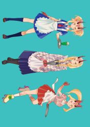  1girl alternate_costume alternate_hairstyle apron blonde_hair blue_background blue_dress boots braid commentary_request dress facial_mark fate/grand_order fate_(series) forehead_mark highres horns ibaraki_douji_(fate) japanese_clothes kimono long_hair maid maid_headdress mame_cs5 multiple_views oni ponytail red_skirt roller_skates sidelocks simple_background skates skirt smile twin_braids twintails wa_maid waitress white_apron yagasuri yellow_eyes 