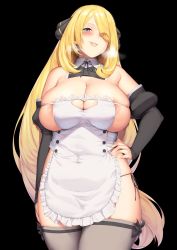  1girl apron areola_slip bare_shoulders black_background blonde_hair blush breasts breath cleavage cleavage_cutout clothing_cutout covered_navel cowboy_shot creatures_(company) curvy cynthia_(pokemon) detached_collar detached_sleeves female_focus frilled_apron frills game_freak hair_over_one_eye hakai_shin hand_on_own_hip heart_cutout highres huge_breasts legs looking_at_viewer matching_hair/eyes naughty_face nearly_naked_apron nintendo parted_lips pokemon pokemon_dppt simple_background smile solo standing thighhighs thighs wide_hips yellow_eyes  rating:Questionable score:117 user:Ynyswydryn