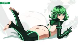  1girl absurdres ass breasts female_focus full_body gloves green_eyes green_hair h-lab highres huge_ass kill_la_kill looking_at_viewer lying matching_hair/eyes on_stomach one-punch_man senketsu short_hair small_breasts solo stirrup_legwear tatsumaki thick_thighs thighhighs thighs toeless_legwear toes underboob 