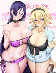  2girls bare_shoulders blonde_hair blue_eyes blunt_bangs blush braid braided_ponytail breasts choker cleavage collarbone commentary_request cowboy_shot curvy eyes_visible_through_hair fate/grand_order fate_(series) hair_between_eyes highres jeanne_d&#039;arc_(fate) jeanne_d&#039;arc_(ruler)_(fate) jeanne_d&#039;arc_(swimsuit_archer)_(fate) jeanne_d&#039;arc_(swimsuit_archer)_(first_ascension)_(fate) large_breasts long_hair looking_at_viewer midriff minamoto_no_raikou_(fate) minamoto_no_raikou_(fate/grand_order) minamoto_no_raikou_(swimsuit_lancer)_(fate) multiple_girls navel open_mouth purple_eyes purple_hair simple_background sleeveless smile stomach thank_you thick_thighs thighs unadon very_long_hair white_background  rating:Sensitive score:76 user:danbooru