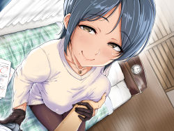 1girl alarm_clock aoi_tiduru bed bed_sheet black_gloves black_pantyhose blanket blue_hair blush breasts brown_eyes bulge chizurusou_(tiduru_39) clock closed_mouth collarbone crescent curtains erection erection_under_clothes eyebrows gloved_handjob gloves grabbing grabbing_another&#039;s_breast grabbing_another's_breast guided_breast_grab guiding_hand hand_on_breast handjob handjob_over_clothes highres indoors jewelry large_breasts lips looking_at_viewer mole mole_under_mouth motion_lines necklace on_bed original pantyhose paper parted_bangs pendant pov room shirt_tug short_hair sitting smile solo_focus sweat sweatdrop sweater tsurime rating:Explicit score:181 user:danbooru