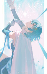 1girl arm_ribbon blue_background blue_eyes blue_hair blue_ribbon blue_shirt blue_skirt blue_sleeves cape chinese_commentary collared_cape commentary_request cowboy_shot debris detached_sleeves fortissimo frilled_shirt frills gloves hair_ornament head_tilt highres leaning_back light_particles long_sleeves looking_up magical_girl mahou_shoujo_madoka_magica mahou_shoujo_madoka_magica_(anime) miki_sayaka miki_sayaka_(magical_girl) miniskirt musical_note musical_note_hair_ornament outside_border parted_lips photo-referenced pillarboxed pink_background pleated_skirt qiyuan_zaitao_huanzhe_x ribbon shirt short_hair simple_background sitting skirt skirt_set solo sparkle strapless strapless_shirt two-tone_background weibo_watermark white_cape white_gloves