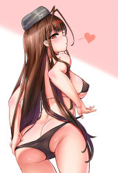  1girl absurdres ass bikini bikini_pull black_bikini blunt_bangs breasts brown_hair cleft_of_venus clothes_pull covered_erect_nipples cowboy_shot curvy dsr-50_(girls&#039;_frontline) from_behind garrison_cap girls&#039;_frontline gradient_background green_pupils hair_ornament hairclip hand_on_own_ass hat heart highres large_breasts long_hair looking_at_viewer looking_back note2000 one-piece_swimsuit_pull pink_background red_eyes sideboob sidelocks solo swimsuit very_long_hair wedgie white_background wide_hips  rating:Questionable score:18 user:FaptainHUN