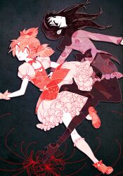  2girls akemi_homura black_background black_pantyhose bow dress_bow flower gloves hairband kaname_madoka limited_palette long_sleeves looking_back magical_girl mahou_shoujo_madoka_magica mintlark multiple_girls pantyhose parted_lips puffy_short_sleeves puffy_sleeves short_hair short_sleeves short_twintails socks spider_lily twintails 