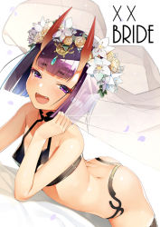  1girl :d apple_inc. arm_at_side ass bare_shoulders blue_gemstone blunt_bangs blush breasts bridal_veil choker collarbone commentary_request eyebrows eyeshadow fangs fate/grand_order fate_(series) fingernails flower gem hair_flower hair_ornament hand_up headpiece horns jewelry kaidou_j1 looking_at_viewer lying makeup mascara on_stomach oni open_mouth petals purple_eyes purple_hair revealing_clothes short_eyebrows short_hair shuten_douji_(fate) skin-covered_horns small_breasts smile solo teeth the_pose thick_eyebrows thighhighs tsurime veil  rating:Sensitive score:51 user:danbooru